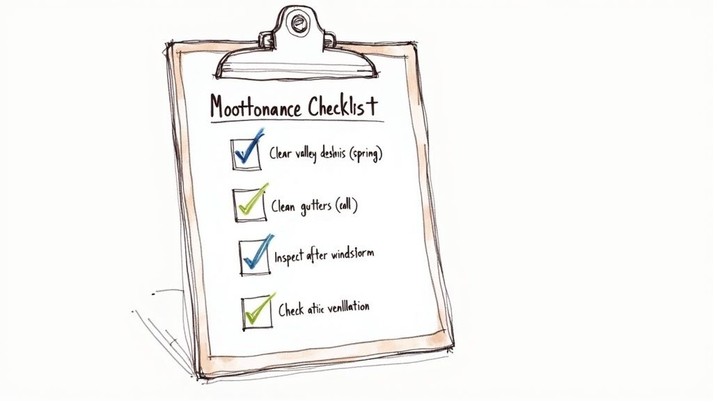 A hand-drawn checklist on a clipboard showing four completed roof maintenance tasks.