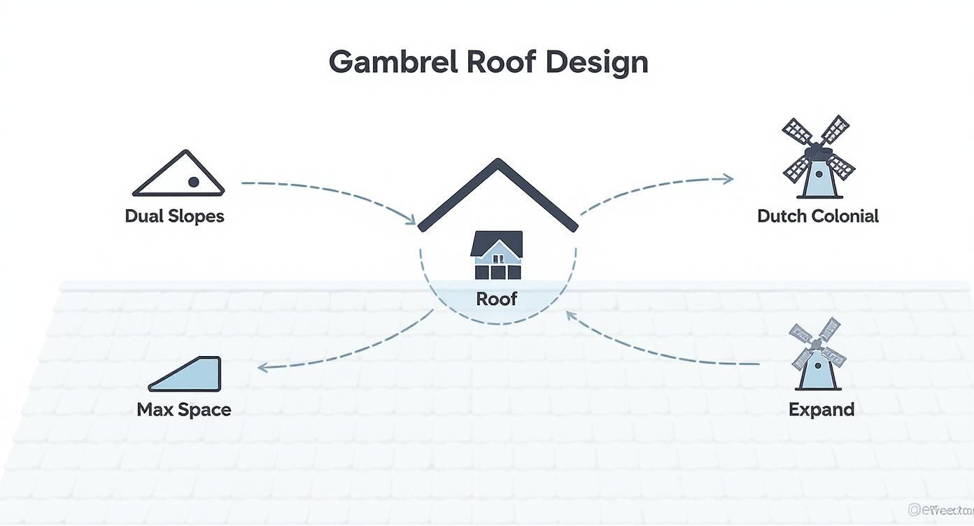 A diagram explaining gambrel roof design, highlighting dual slopes, maximum space, Dutch Colonial style, and expansion.