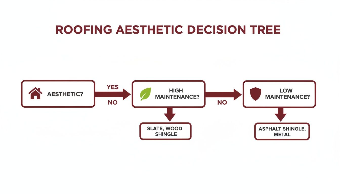 Flowchart illustrating roofing material selection based on aesthetics and maintenance levels.