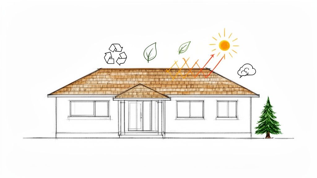 A hand-drawn house with a brown shingle roof, surrounded by symbols for recycling, nature, and solar energy.