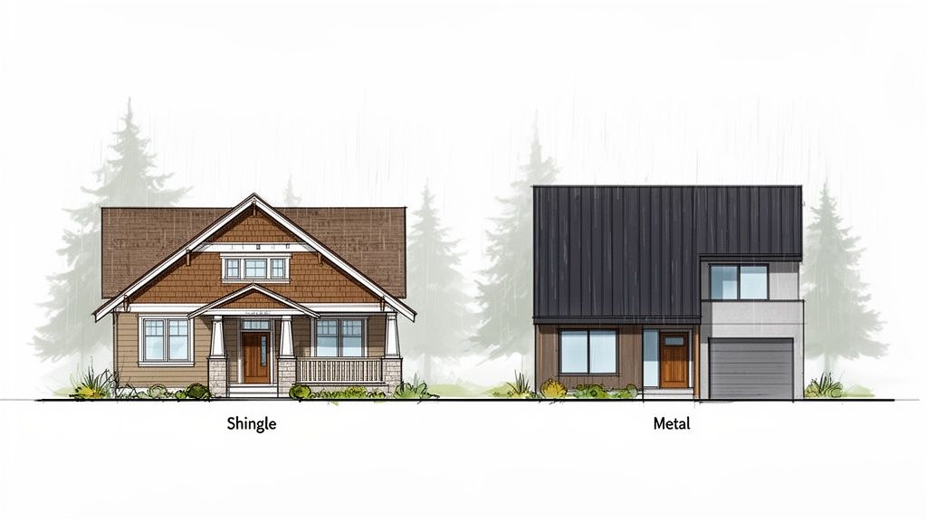 Two distinct house designs, one with a classic shingle roof and the other with a modern metal roof, surrounded by trees.