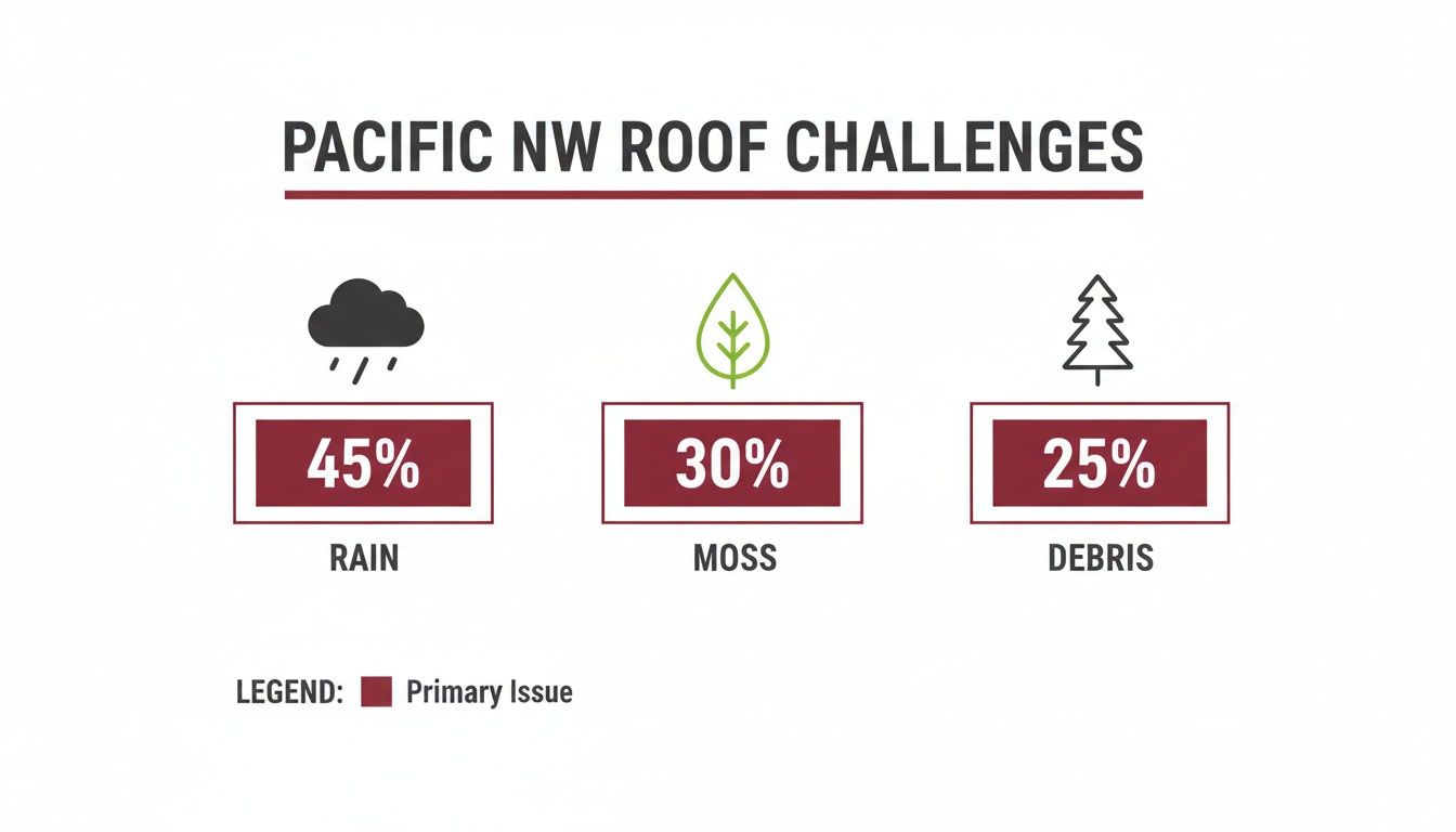 Infographic detailing Pacific Northwest roof challenges: 45% rain, 30% moss, and 25% debris.