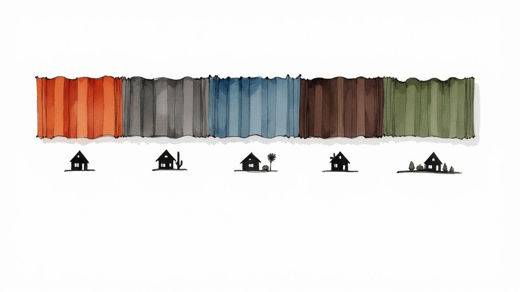Watercolor illustration of a colorful roof tile palette above simple house silhouettes with varying landscapes.