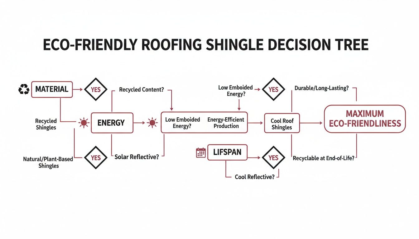 A decision tree flowchart illustrating criteria for achieving maximum eco-friendliness in roofing shingles.