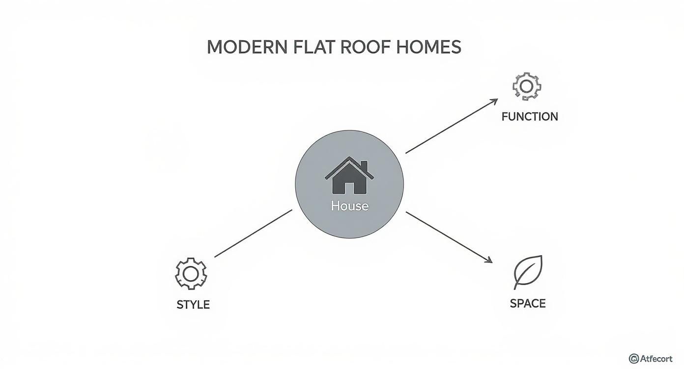 A concept diagram titled 'Modern Flat Roof Homes' showing 'House' connected to 'Function', 'Style', and 'Space'.