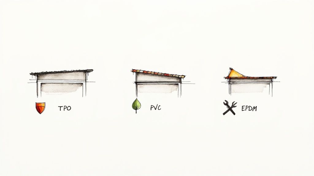 Three illustrations compare TPO, PVC, and EPDM commercial roofing materials, each with a distinct icon.