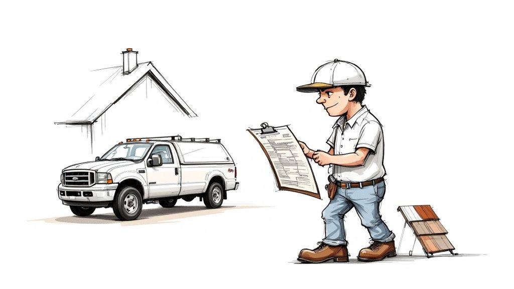 A homeowner looking up at their roof with a thoughtful expression