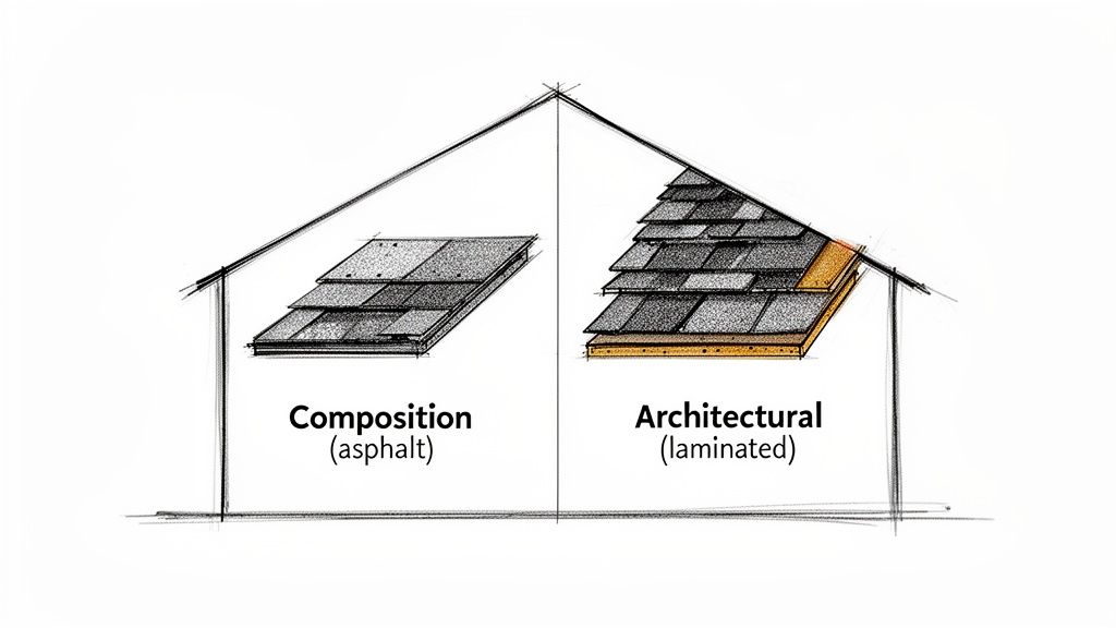 Diagram illustrating the difference between composition (asphalt) and architectural (laminated) roof shingles.