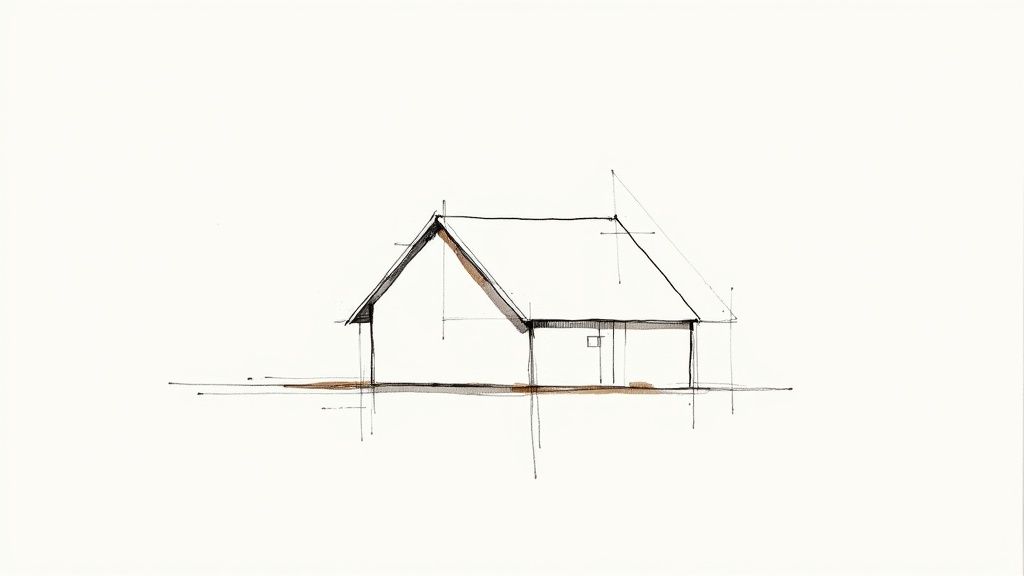 A minimalist, artistic sketch of a house with a prominent, steep gable roof.