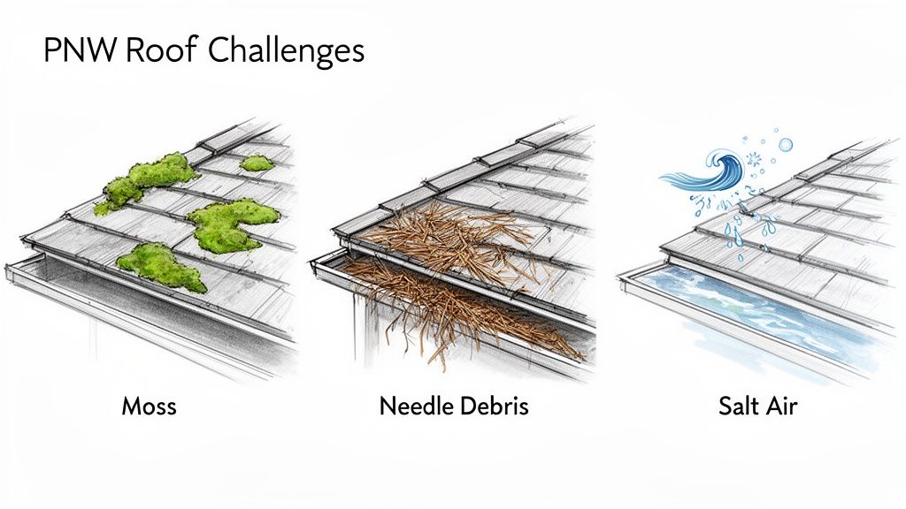 Illustrations showing three common PNW roof challenges: moss, needle debris in gutters, and salt air corrosion.