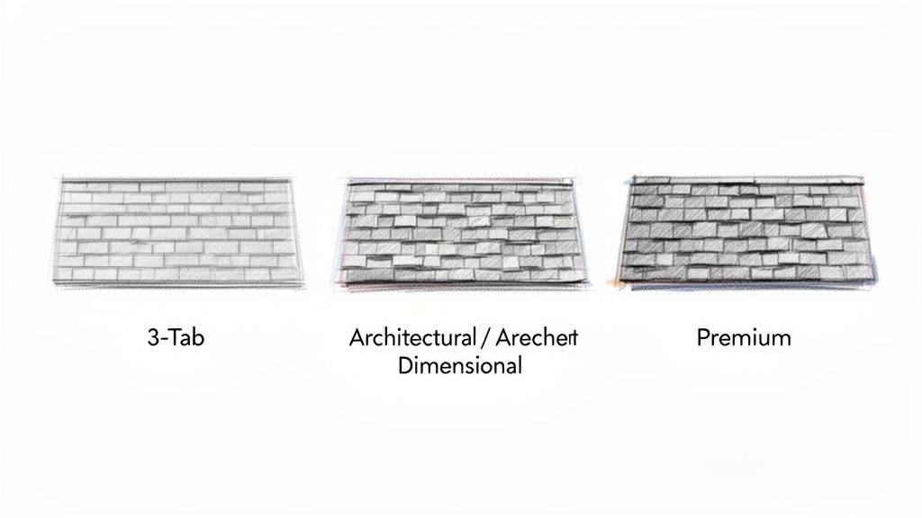 Comparison of three asphalt shingle types: 3-tab, architectural/dimensional, and premium.