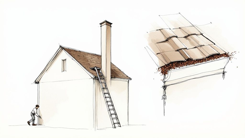 A person inspecting asphalt shingles on a roof for damage.