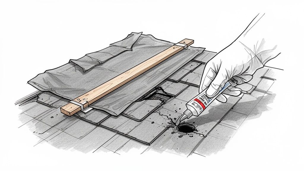 A gloved hand applies sealant to a damaged roof shingle, illustrating roof leak repair.
