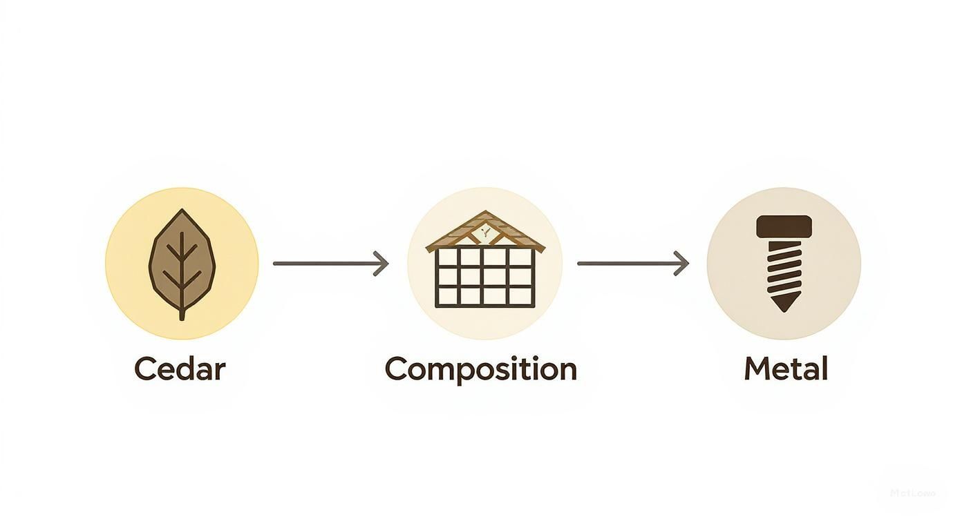 Infographic comparing cedar, composition, and metal roofing materials on key features.
