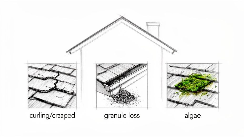 Illustration showing three common composition shingle roof problems: curling, granule loss, and algae.