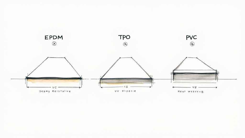 Close-up of a new single-ply membrane flat roof installation