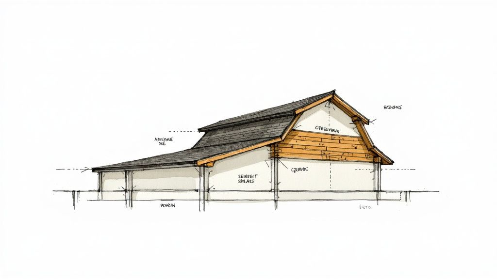 Architectural sketch of a building showcasing a gambrel roof style with wooden and white walls.
