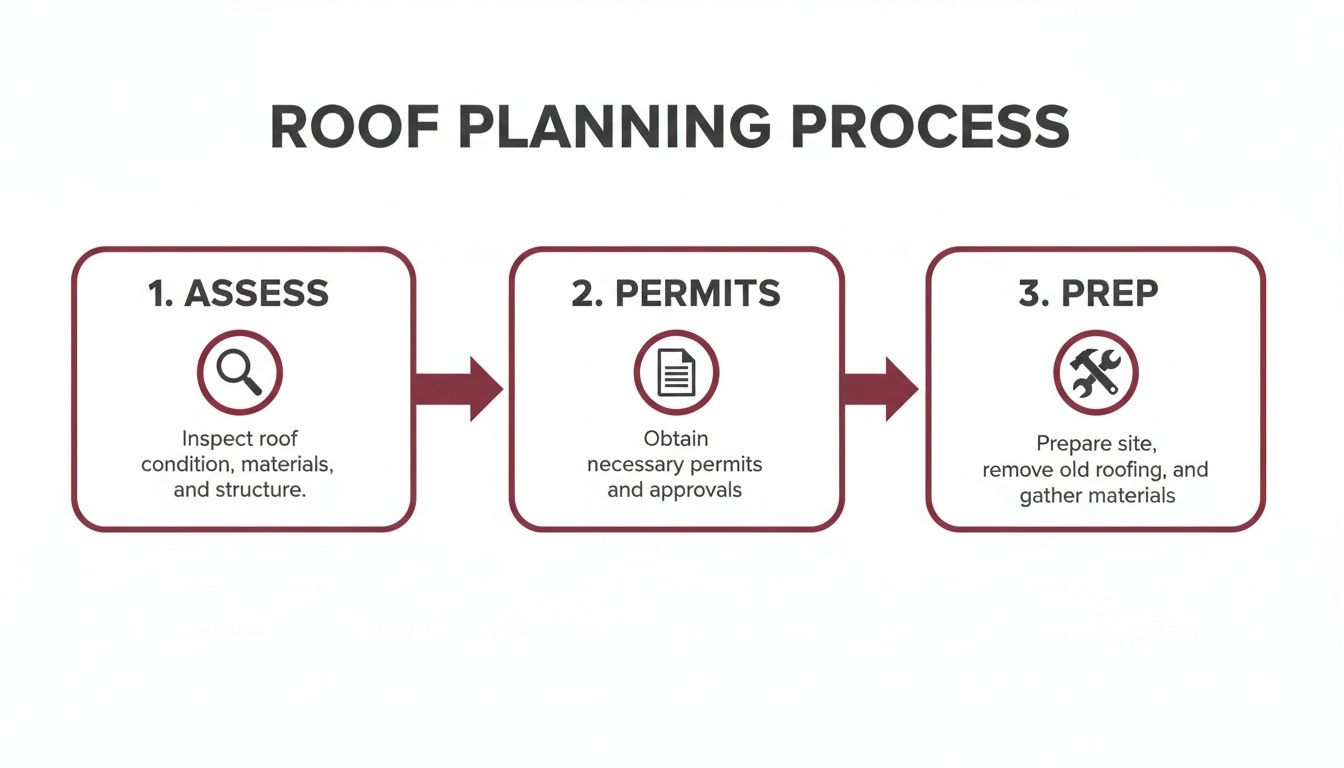 A clear flowchart outlining the three-step roof planning process including assess, permits, and prep.