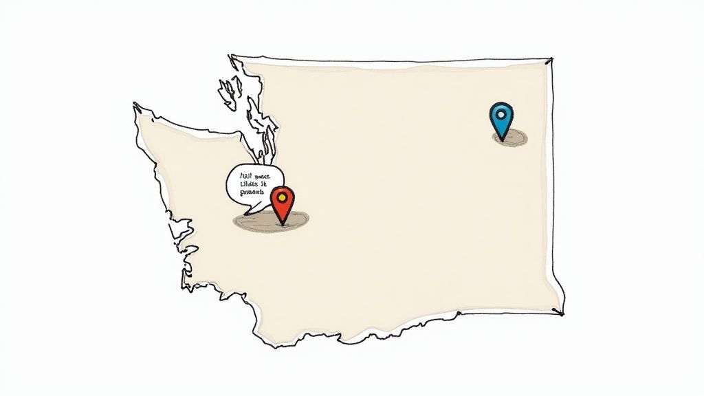 Hand-drawn map of Washington state with two location markers, one red with a speech bubble, and one blue.
