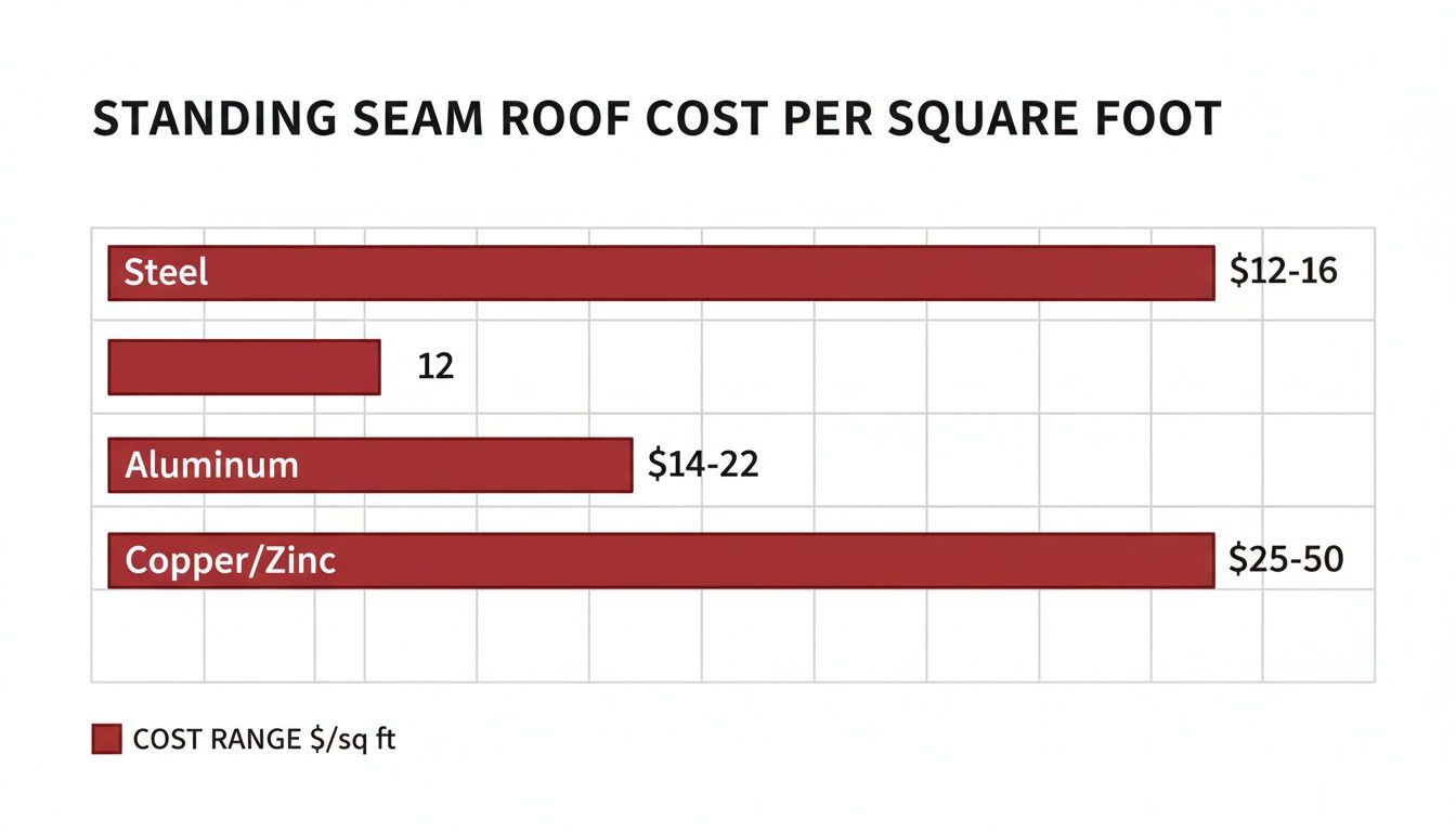 Bar chart illustrating standing seam roof costs per square foot for steel, aluminum, and copper/zinc materials.