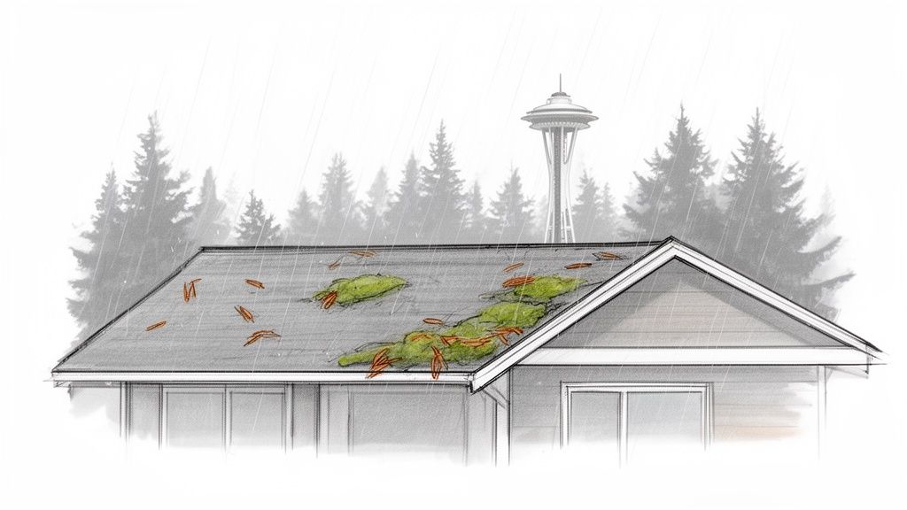 Illustration of a house roof covered in moss and pine needles during a rainy day, with the Seattle Space Needle visible in the background.