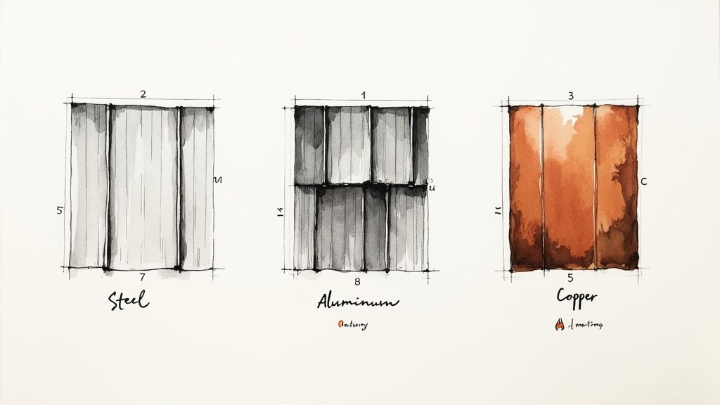 Watercolor illustration depicting steel, aluminum, and copper roofing material types with respective dimensions.