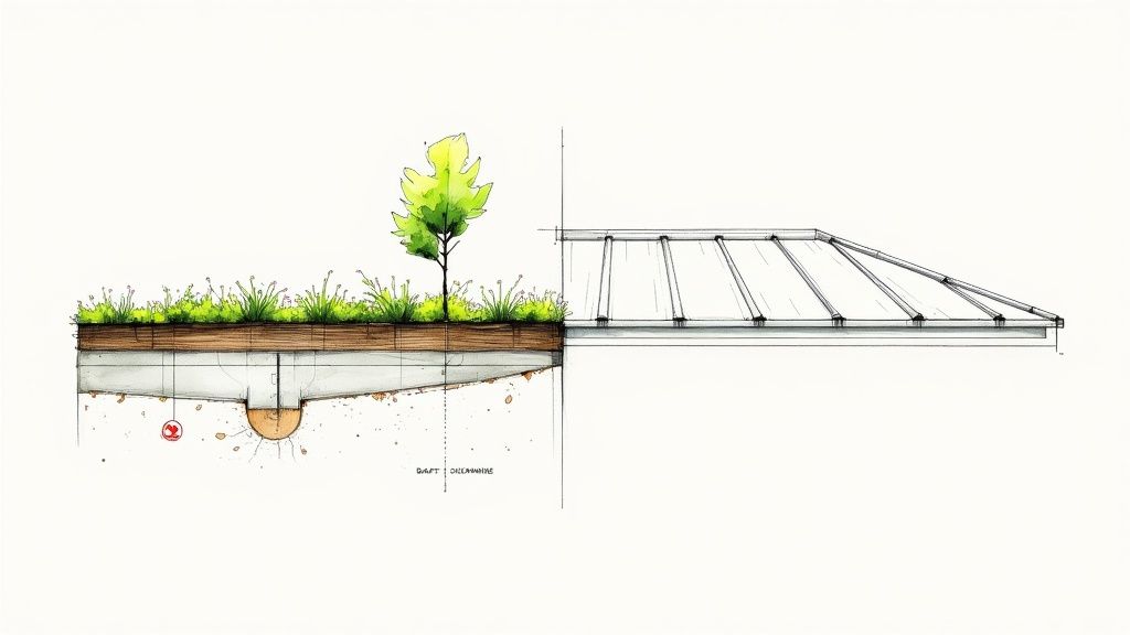 A modern home with a green, vegetated flat roof blending into the landscape.