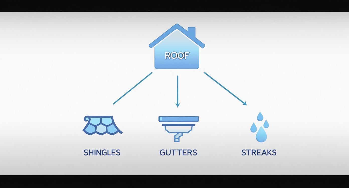 Diagram showing a house roof connecting to shingles, gutters, and water streaks with arrows.