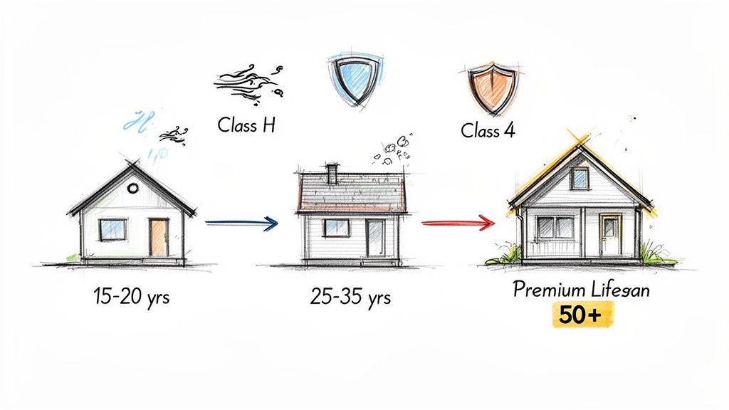 Illustration showing the progression of house roofing lifespans from 15-20 years to 50+ years with different protection classes.