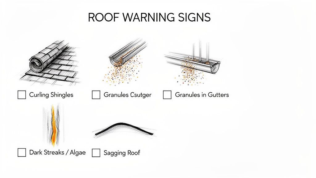 An illustration of common roof warning signs, including curling shingles, missing granules, dark streaks, and a sagging roof.