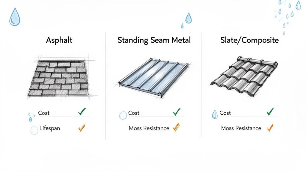 An image comparing asphalt, standing seam metal, and slate/composite roofing types with their cost, lifespan, and moss resistance.