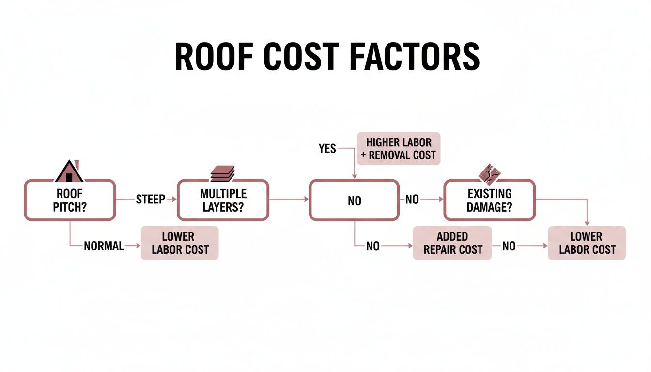 Flowchart illustrating roof cost factors based on roof pitch, multiple layers, and existing damage, impacting labor and repair costs.
