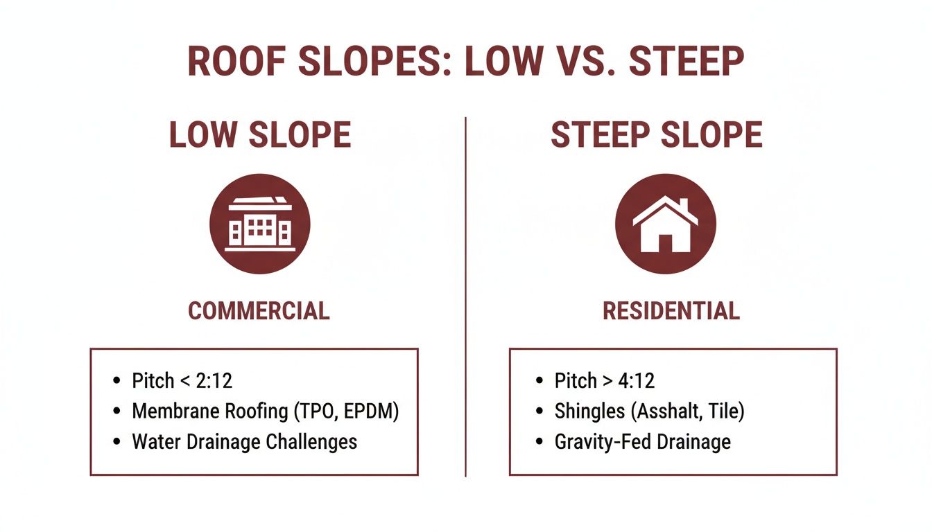 Infographic comparing low slope commercial roofs with steep slope residential roofs, detailing pitch, materials, and drainage.