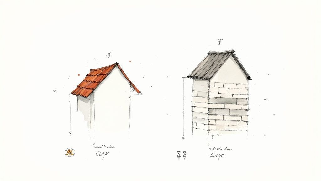 Two simple sketches illustrating different roofing and building materials: red clay tiles and gray metal with brick walls.