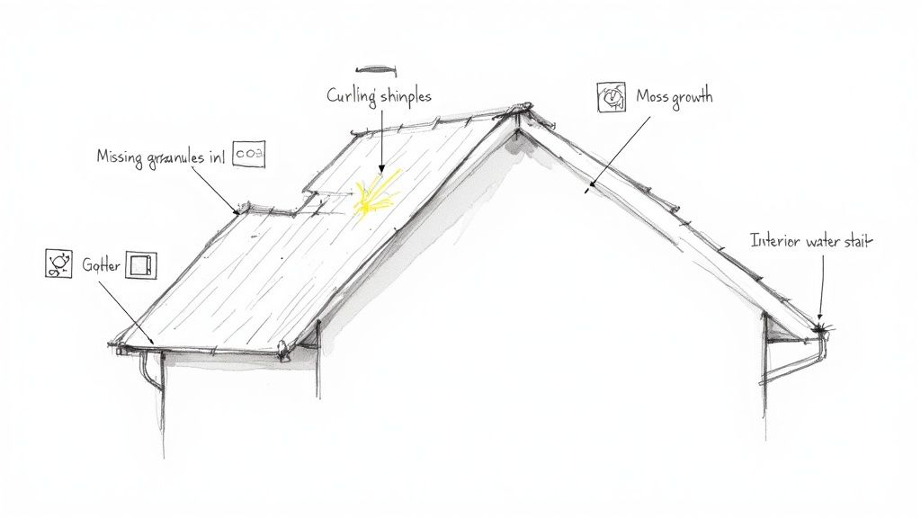 Detailed sketch of a house roof highlighting common issues like curling shingles, moss, missing granules, and gutter problems.