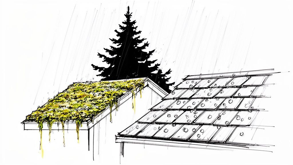 Sketch comparing two roofs in rain: one mossy and green, the other with clean shingles and raindrops.