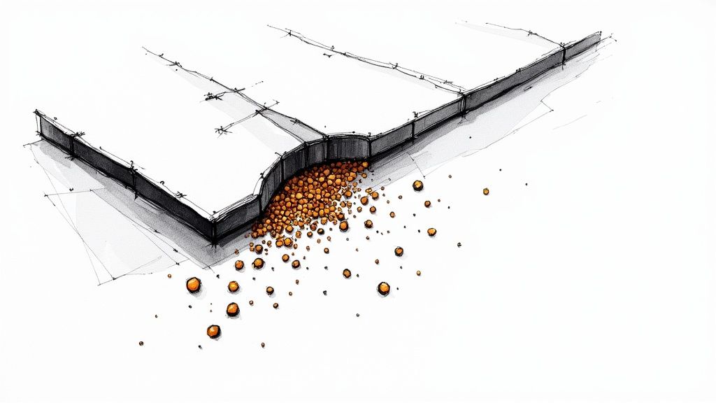 Damaged roof gutter overflowing with debris and orange particles showing neglect and deterioration
