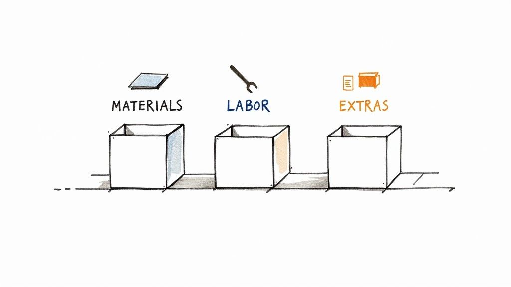 Three boxes on a production line illustrating cost components: materials, labor, and extras.