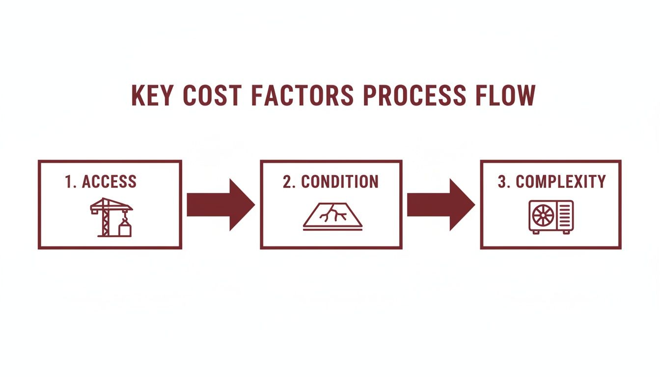 A process flow diagram illustrating key cost factors: access (crane), condition (cracks), and complexity (machine).