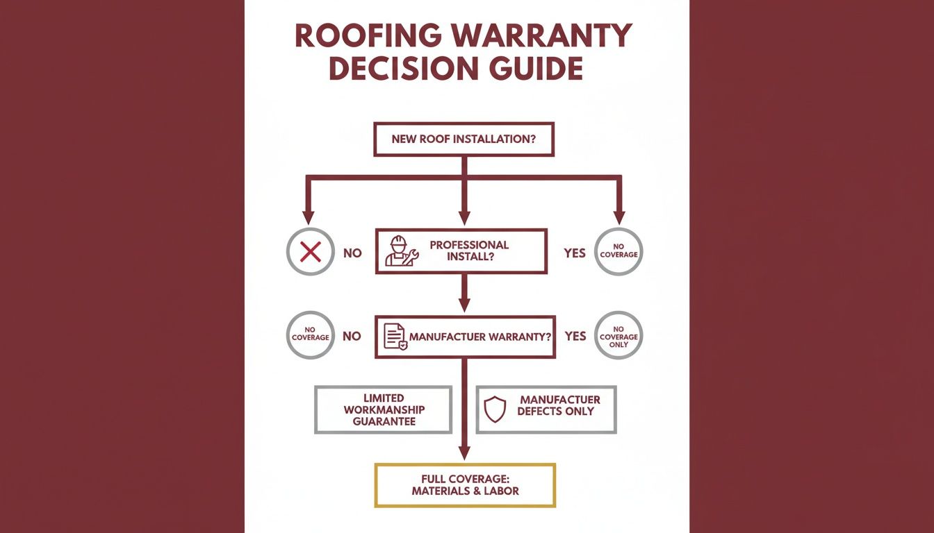 Flowchart guiding users through roofing warranty decisions based on installation type and manufacturer coverage.
