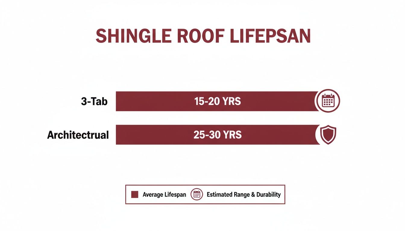 Infographic comparing the lifespan of 3-Tab (15-20 years) and Architectural (25-30 years) shingle roofs.