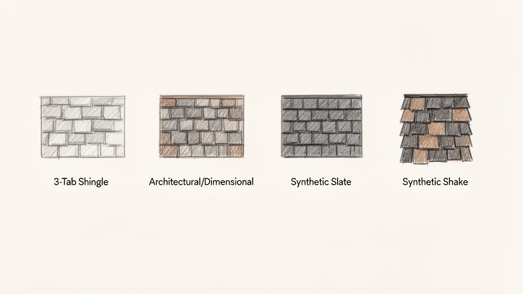 Illustrations showing four different types of roofing materials: 3-Tab, Architectural, Synthetic Slate, and Synthetic Shake.