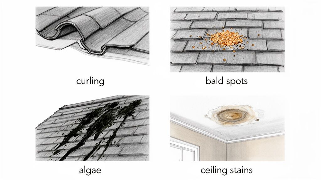Four illustrations depicting common signs of roof damage: curling shingles, bald spots, algae growth, and ceiling water stains.