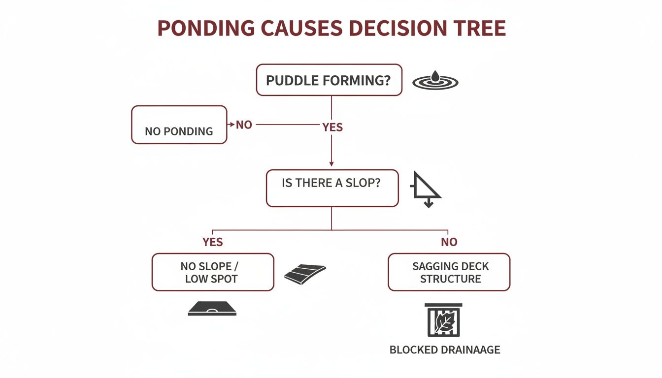 Decision tree illustrating the causes of water ponding, including no slope, low spots, sagging structures, and blocked drainage.