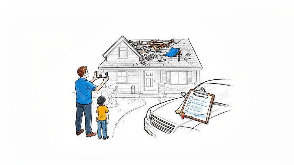 A man and child photograph a house with a storm-damaged roof covered by a blue tarp, beside a car with a checklist.