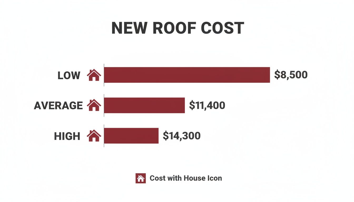 Bar chart displaying new roof costs: low $8,500, average $11,400, high $14,300.