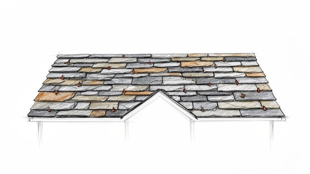 Hand-drawn illustration of a varied slate tile roof, showing different shades and small leaf debris.