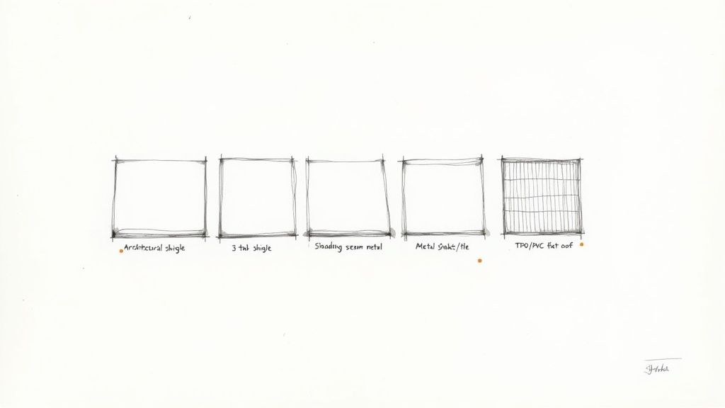 Hand-drawn sketches of five roofing materials: architectural shingle, 3-tab, standing seam, metal shake/tile, and flat roof.