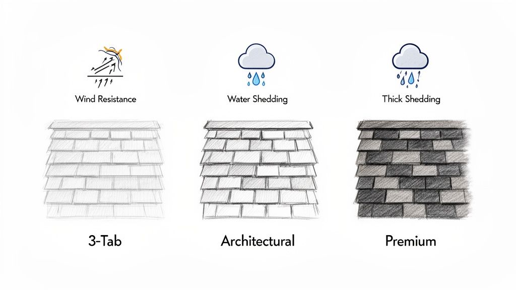 Illustration of three shingle types: 3-Tab, Architectural, and Premium, demonstrating wind and water resistance.