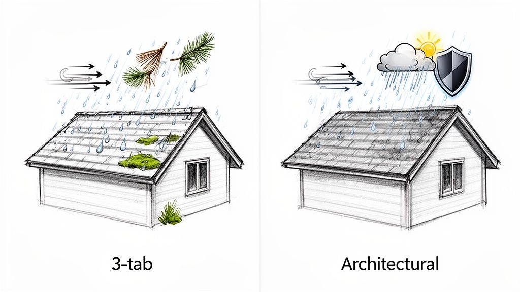 Illustration comparing 3-tab and architectural roofing shingles, highlighting architectural shingles' superior weather protection.